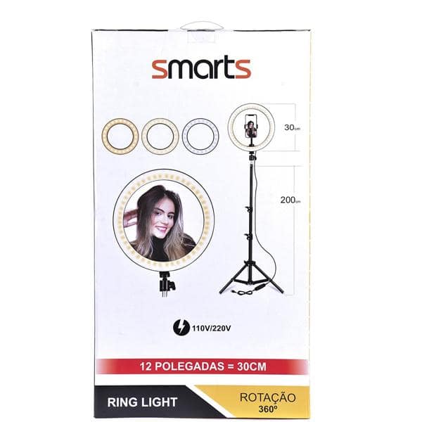 Ring Light Iluminador c/ Anel 12" Polegadas - 30cm c/ 3 Tonalidades de Luz, Tripé de 2,15m e Suporte para Smartphone - Smarts CX 1 UN