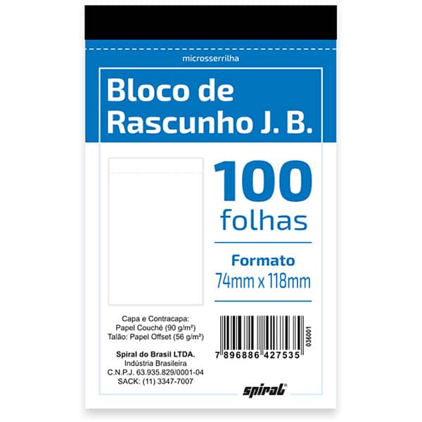 Bloco rascunho com serrilha J.B, 56g, 100 folhas, 74 x 118mm, Spiral - 1 UN