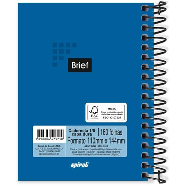 Caderneta 1/8 Capa Dura 160 Folhas Brief Azul Spiral - PT 1 UN