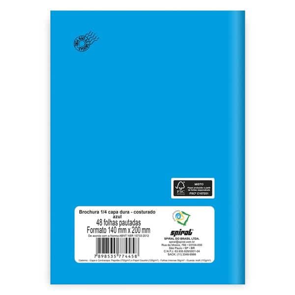 Caderno 1/4 Capa Dura Brochura Costurado 48 folhas, Spiral Azul, Spiral, 74458 - PT 1 UN