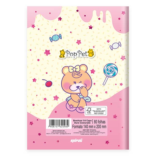 Caderno 1/4 costurado capa dura, 1 matéria, 80 folhas, Pop Pet, 2520989, Spiral Pop - PT 1 UN