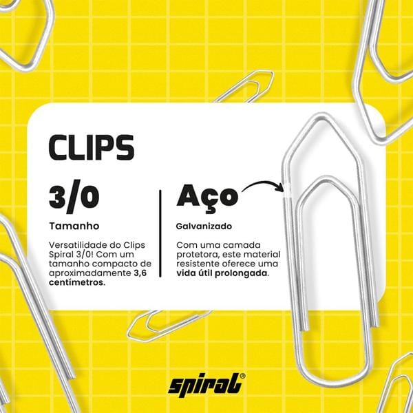 Clips número 3/0 galvanizado, Lata com 500g, Spiral - PT 1 UN