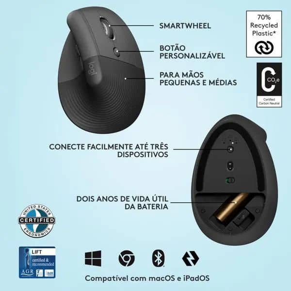 Mouse Sem Fio Logitech Lift Vertical com Design Ergonômico para Redução de Tensão Muscular, Cliques Silenciosos, Bluetooth ou USB - Grafite CX 1 UN