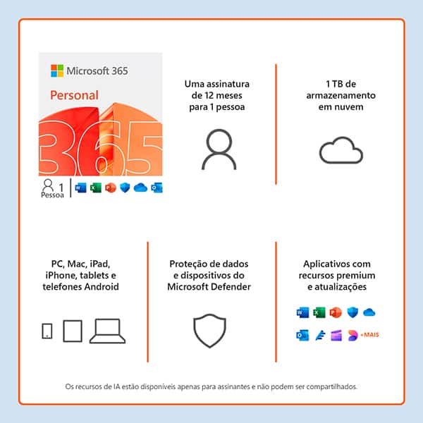 Microsoft 365 Personal com Copilot: 1 Licença - Word, Excel, PowerPoint, Outlook + 1TB de Armazenamento OneDrive - Assinatura Anual - DOWNLOAD - Microsoft - 1 UN
