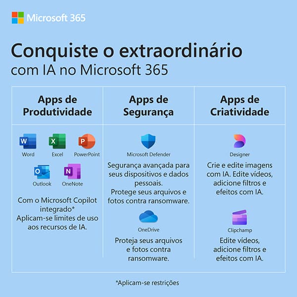 Microsoft 365 Personal com Copilot: 1 Licença - Word, Excel, PowerPoint, Outlook + 1TB de Armazenamento OneDrive - Assinatura Anual - DOWNLOAD - Microsoft - 1 UN