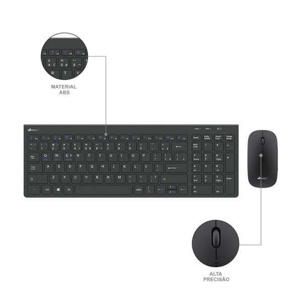 Kit Teclado e Mouse sem Fio Recarregável, Wireless e Bluetooth, Padrão ABNT2, Preto, KMWRB450, App-Tech - CX 1 UN